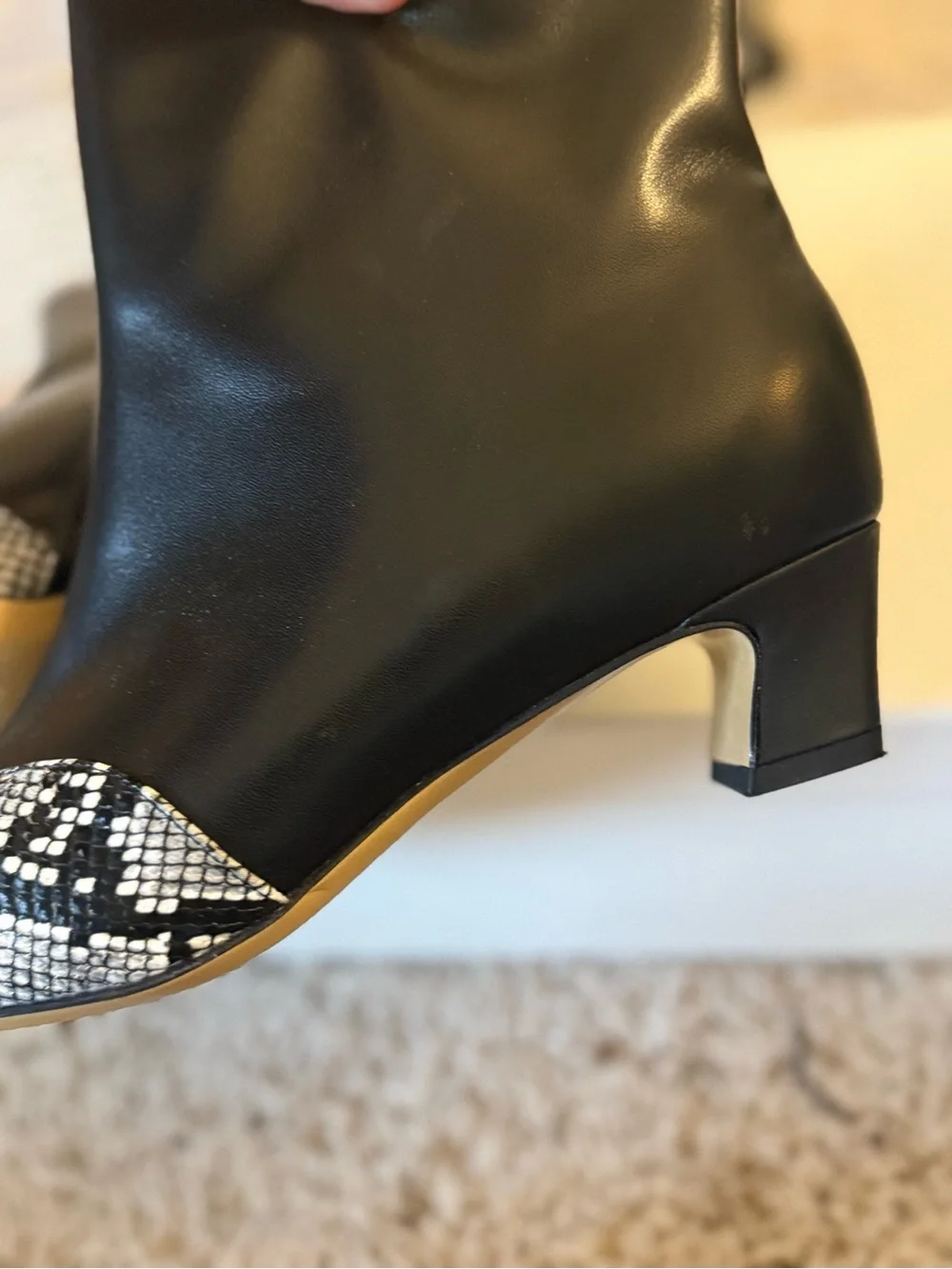 Designer Ankle Boots with Black-and-White Snake-Print Toe US 8